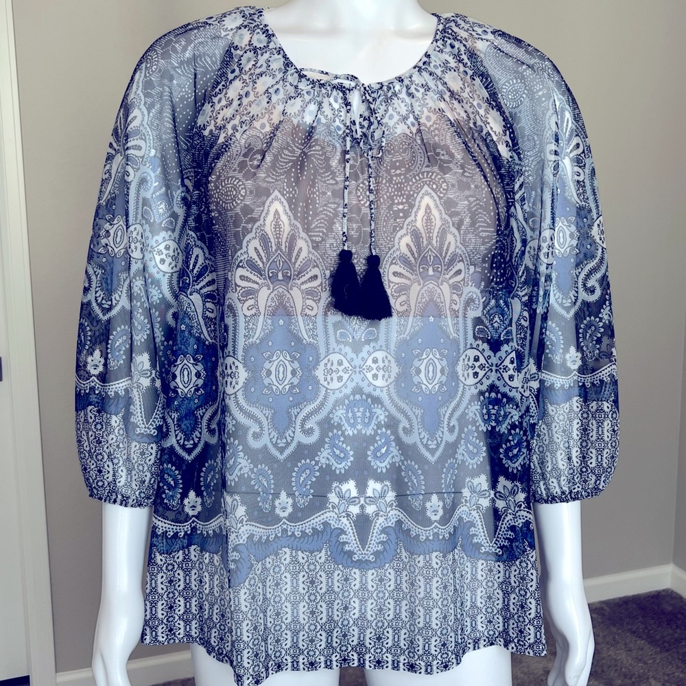Coldwater Creek Blue and White Geometric/Paisley Sheer Tunic Top